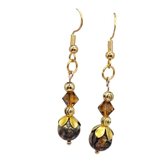 Pierced Earrings Leopard Skin Jasper Bicone Brown Beads Handcrafted SKU2794 - Picture 7 of 7